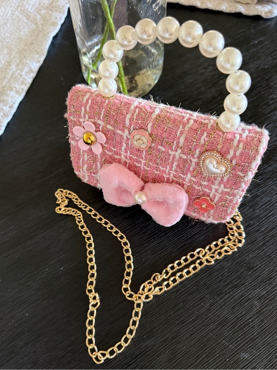 Other - Girls Pink Tweed Mini Purse, Pearl Handle,Bow & Gold Chain,Dress Up Handbag